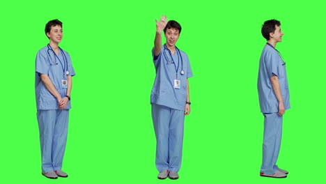 Woman-nurse-waving-hello-and-inviting-people-to-come-closer